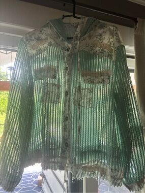 POL Mint Sheer Knit Button-Down Jacket with Floral Trim